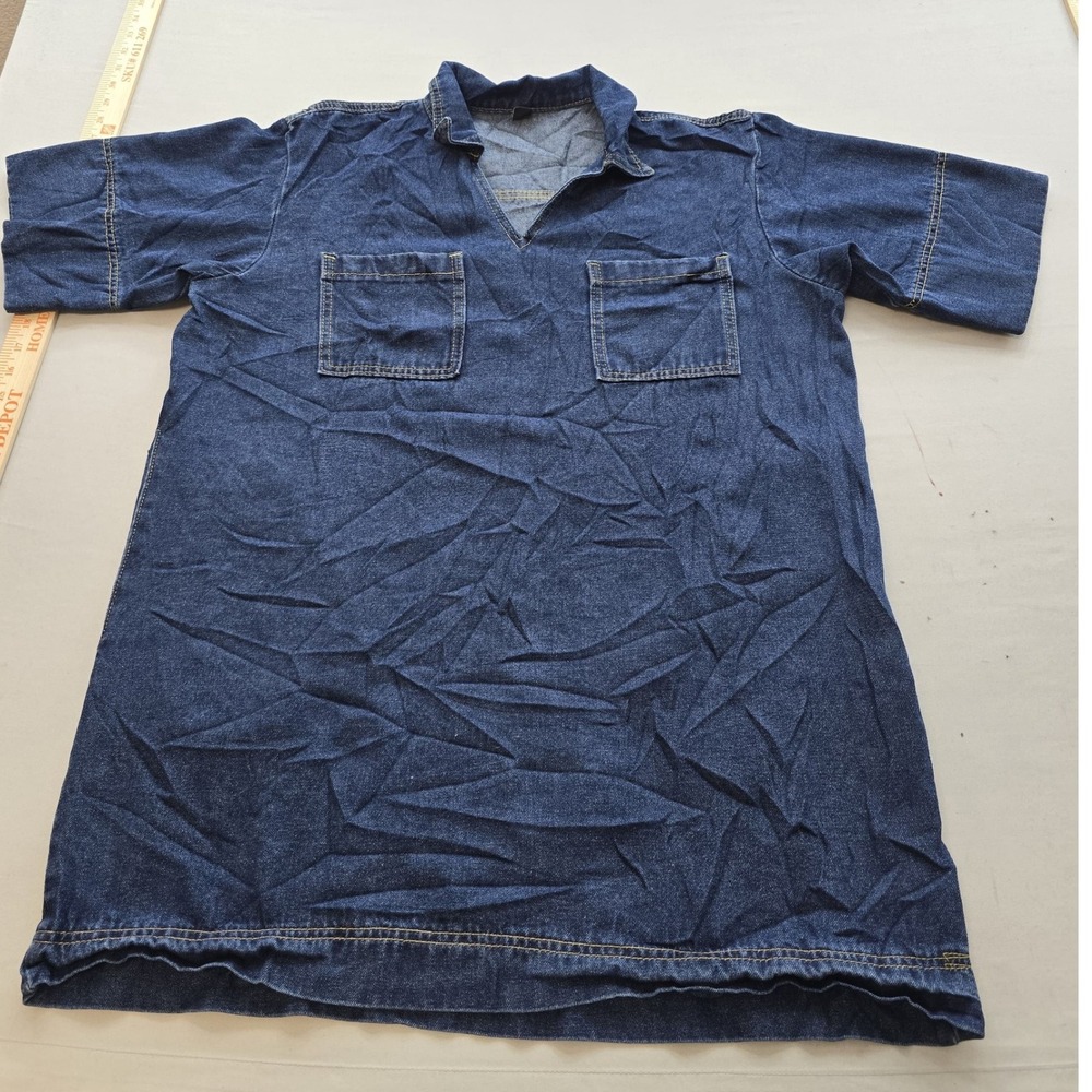 SHEIN Womens Blue Denim Tunic Top Short Sleeve V-Neck Pockets Size M